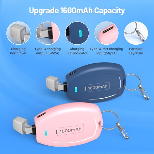 (2-Pack USB C Keychain Portable Charger, 1600mAh Mini Power Bank Ultra-Compact Battery Pack Power Emergency pod for iPhone 17/16/15 / Android Type-C Phones Samsung, Pixel, Moto etc-Pink&Blue