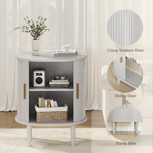 DHH Mid Century Modern Nightstand with Charging Station, Fluted Accent Side Table with Sliding Door & Adjustable Shelf, End Table for Small Space, Living Room, Bedroom,Sofa Couch(1, White) - color: Grayish White
