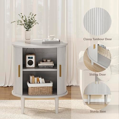 DHH Mid Century Modern Nightstand with Charging Station, Fluted Accent Side Table with Sliding Door & Adjustable Shelf, End Table for Small Space, Living Room, Bedroom,Sofa Couch(1, White) - color: Grayish White