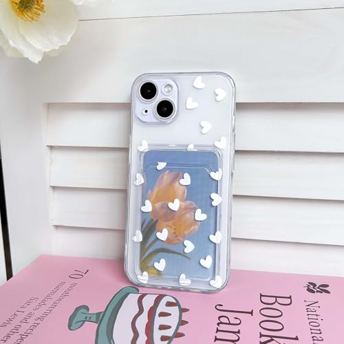 NITITOP Compatible with iPhone 14 Case Clear with Card Holder Cute White Love Heart Pattern Design Design Soft TPU Shock-Absorbing Wallet Case Protective Cover - White - color: White, size: iPhone 14