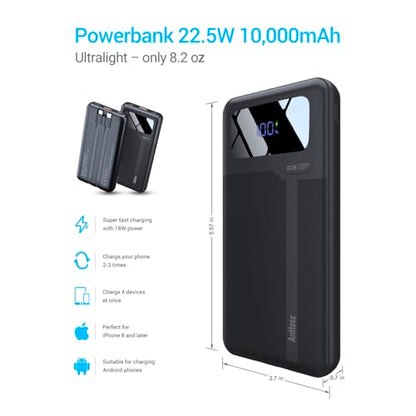 Antteez Portable Charger 10,000mAh, Power Bank Fast Charging with Built-in Cables, 22.5W USB C Travel Battery Pack, LED Display & 4 Outputs, Compatible with iPhone, Samsung, iPad - color: Dark