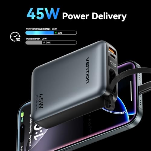 VENTION 45W Power Bank, 20000mAh with Built-in USB-C Cable, Fast Charging Travel Portable Charger with LED Digital Display for iPhone 17/16/15 Xiaomi Galaxy S26/S25 iPad Laptop(Gray) - color: Gray
