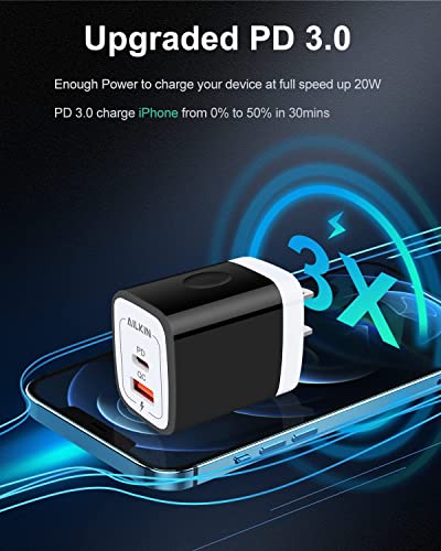 3Pack Dual Port USB-C Wall Plug-in USBC Charger, AILKIN 20W Power Delivery - color: Black-White
