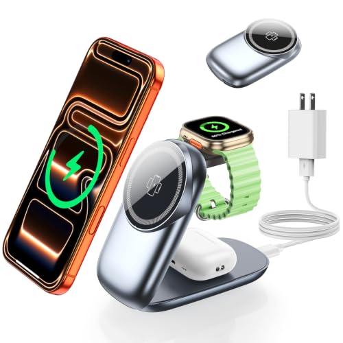 3-in-1 Wireless Charging Station for MagSafe,Foldable Magnetic Stand for iPhone 17/Air/16/15/14/13/12 Series, Apple Watch/AirPods,15W Fast Wireless Charger for Home/Office/Travel