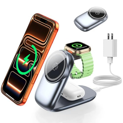 3-in-1 Wireless Charging Station for MagSafe,Foldable Magnetic Stand for iPhone 17/Air/16/15/14/13/12 Series, Apple Watch/AirPods,15W Fast Wireless Charger for Home/Office/Travel