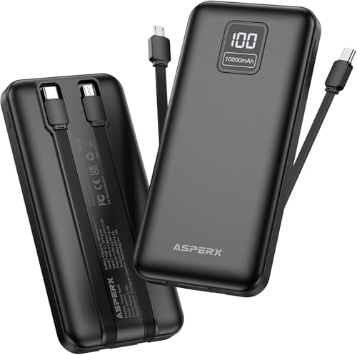AsperX 2-Pack 10000mAh Portable Charger Built-in USB C Cables, LED Display - color: Black+Black