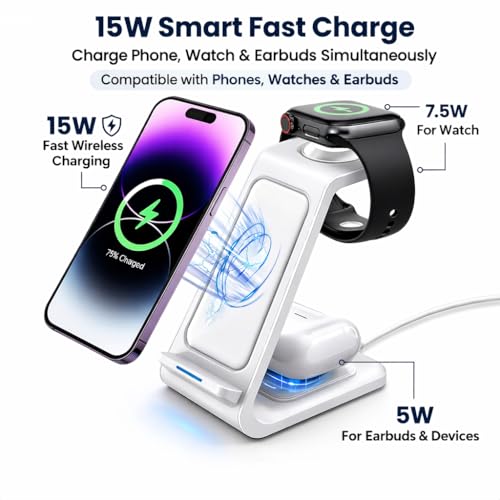 3 in 1 Wireless Charging Station, 15W Wireless Charger Stand for iPhone, Charging Dock for Watch and AirPods, Type C Input with 1m Cable Included, ABS Desk Nightstand Charger