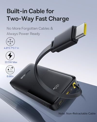 Baseus Portable Charger, 10000mAh Fast Charging Power Bank, 22.5W PD3.0 QC4+ Battery Pack Built-in USB C Braided Cable, Travel Essentials Portable Phone Charger for iPhone 18 17 16 15, iPad, S26/S25