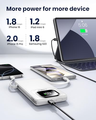Portable Charger with Built-in Cables,22.5W Super Fast Charging Power Bank Slim Phone Charger,10000mAh Travel Battery Pack Battery Bank with Smart LED Display for iPhone, Android & USB-C - color: White