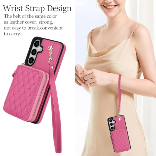 Asuwish Phone Case for Samsung Galaxy S25 5G Wallet Cell Cover with Tempered Glass Screen Protector Wrist Crossbody Strap Stand RFID Blocking Credit Card Holder S 25 25S G5 SM-S931U Women Girls Pink - color: Pink