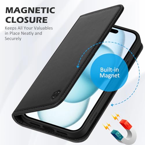 SHIELDON Genuine Leather Folio Wallet Case for iPhone 15 6.1" 2023, Black | Magnetic Closure, RFID Blocking, Credit Card Holder, Kickstand, Book Design, Soft Shockproof Phone Cover - color: Black