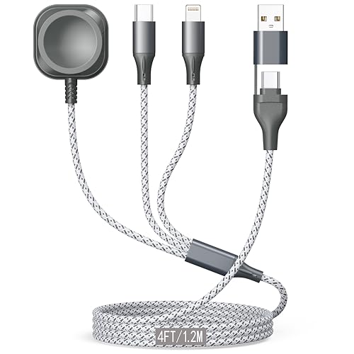 3-in-2 Multi Charging Cable for Apple Watch Charger 4FT Travel Essentials - color: GreyWhite