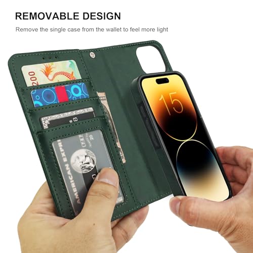 Bocasal Detachable Wallet Case Card Holder for iPhone 15, Green | RFID Blocking Kickstand Card Slots Holder PU Leather Magnetic Shockproof Wrist Strap Removable Flip Protective Cover 6.1 inch - color: Green