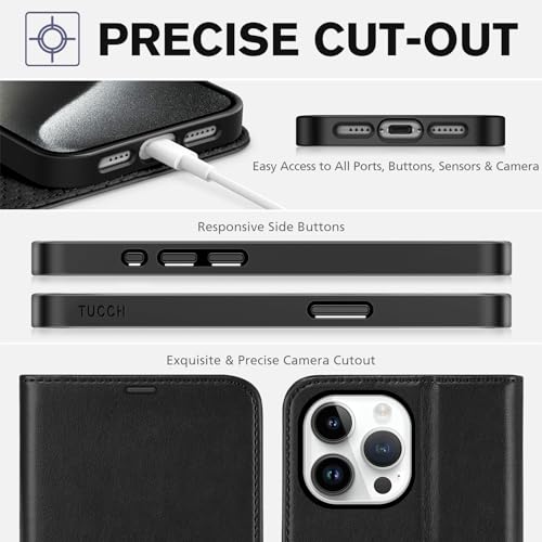 TUCCH Wallet Case for iPhone 15 Pro Max (6.7") 2023, 4 Card Holders, Black | RFID Blocking, Viewing Stand, Shockproof TPU Shell, PU Leather, Magnetic Closure, Protective Folio Flip Cover - color: Black