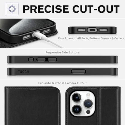 TUCCH Wallet Case for iPhone 15 Pro Max (6.7") 2023, 4 Card Holders, Black | RFID Blocking, Viewing Stand, Shockproof TPU Shell, PU Leather, Magnetic Closure, Protective Folio Flip Cover - color: Black