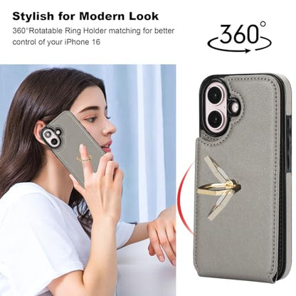 Folosu Compatible with iPhone 16 Case Wallet with Card Holder, 360°Rotation Finger Ring Holder Kickstand, RFID Blocking Leather Protective Double Buttons Shockproof Cover 6.1 Inch Gray - color: Gray