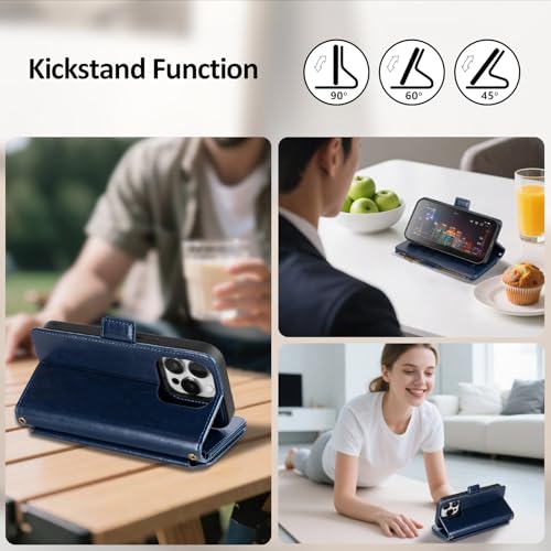Antsturdy Compatible with MagSafe iPhone 14 Pro Wallet Case,Dark Blue | Detachable Magnetic Credit Card Holder,RFID Blocking,PU Leather Zipper Purse,Wrist Strap Kickstand,Flip Phone Cover for Women - color: (Detachable with Magsafe)-Dark Blue