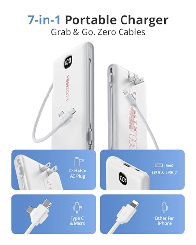 VEEKTOMX 10000mAh Portable Charger with Built-in Cables & Wall Plug - color: Pure White