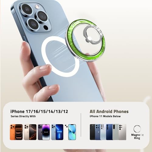 Transparent Shiny Magnetic Phone Ring Holder,360° Rotatable Removable Phone Grip,Clear Green Sparkle Diamond Stylish Design Compatible with All Phones & Tablets - color: Clear Green 1