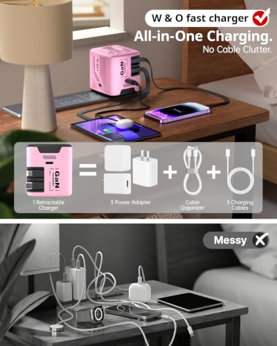 W & O 60W Gan Fast Charger Wall Plug, Built-in Retractable USB-C & L Cables - color: Pink