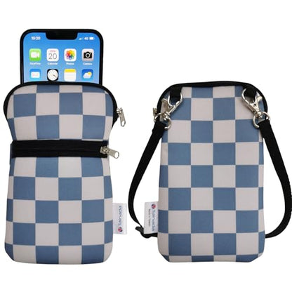 Tainada Crossbody 2-Zip Phone Bag w/Neck Strap (Bluish Gray Checkerboard) | For Men/Women; Water-resistant neoprene pouch, shockproof, lightweight; Compatible with most of smartphones - color: Bluish Gray Checkerboard