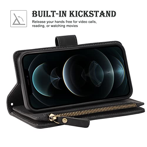 RANYOK Wallet Case Compatible with iPhone 13 Pro Max (6.7 inch), Premium PU Leather Zipper Flip Folio RFID Blocking Wallet with Wrist Strap Magnetic Closure Built-in Kickstand Protective Case (Black) - color: Black