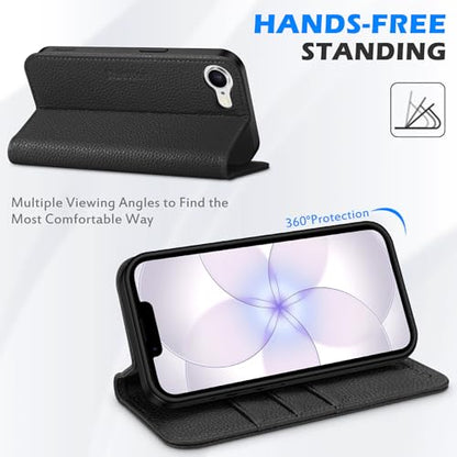 SHIELDON Real Leather Case Wallet for iPhone 17e/16e 6.1", Pebbled Black | Flip Magnetic Cover, Kickstand, RFID Blocking, 3 Credit Card Holder, Book Design, Shockproof, Soft Inner Phone Case - color: Pebbled - Black