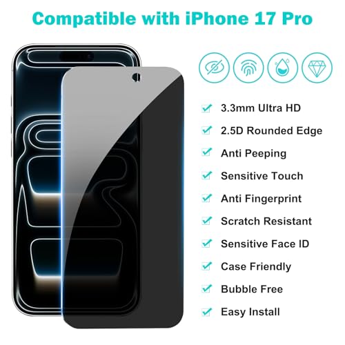 PEHAEL for iPhone 17 Pro Privacy Screen Protector+Camera Lens Protector