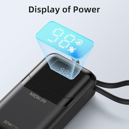 MOKiN Portable Charger, 10000mAh 30W Power Bank Fast Charging, Phone Battery Pack with Built in Cable, 4 Outputs, Travel Compact Powerbank USB C for iPhone iPad Pro MacBook Air Samsung