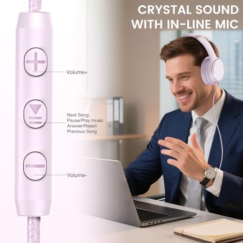 USB C Wired Over-Ear Headphones with Microphone - color: New Icy Pink