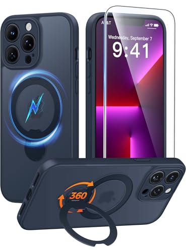 FNTCASE for iPhone 13 Pro Case with 360 Spin Magnetic Stand Deep Blue | Compatible with Magsafe,Screen Protector,Full Camera Protection,Translucent Matte Military Grade Shockproof Phone Cover - color: Deep Blue, size: For Iphone 13 Pro 6.1 Inch