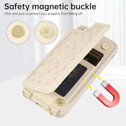 Crossbody Wallet Case for iPhone 7/8/SE 2020/SE 2022(4.7") with Detachable Strap - PU Leather Flip Folio with Card Slots & RFID Blocking, Sparkling Diamond Accents-Beige - color: Beige, size: iPhone 7/8/SE 2020/SE 2022(4.7")