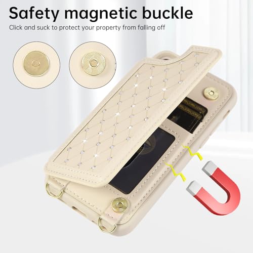 for iPhone 7/8/SE 2022/SE 2020 Wallet Case with Card Holder Slots and Strap, RFID Blocking Magnetic Flip Folio Cover, Crossbody Purse Protection Case with Kickstand,Beige Diamond - color: Beige Diamond, size: iPhone 7/8/SE 2022/SE 2020(6.6")