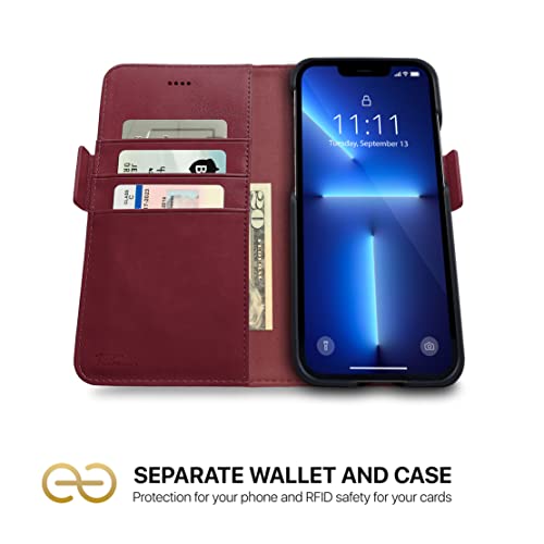 Dreem Vegan Leather Magnetic Detachable Wallet Case for iPhone 13 Pro | Built-in Phone Stand, RFID Blocking Card Holder Flip Cover, MagSafe Compatible, Gift Box [Fibonacci: Burgundy] - color: Burgundy, size: iPhone 13 Pro