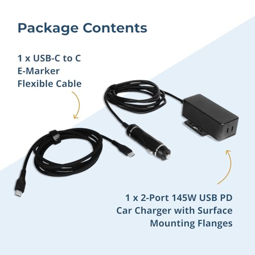 Coolgear 145W Dual USB-C Car Charger - PD 3.1 EPR Type C Vehicle Charger with 140W Laptop Charging, Mountable Flanges and 12V to 24V Plug for Trucks, Fleet Vans and Mobile Workstations