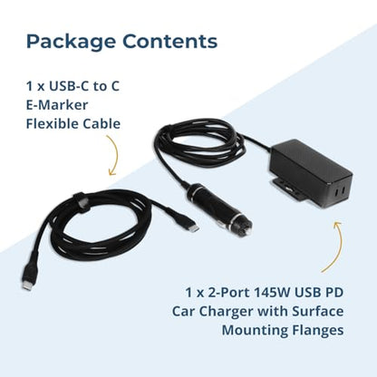 Coolgear 145W Dual USB-C Car Charger - PD 3.1 EPR Type C Vehicle Charger with 140W Laptop Charging, Mountable Flanges and 12V to 24V Plug for Trucks, Fleet Vans and Mobile Workstations