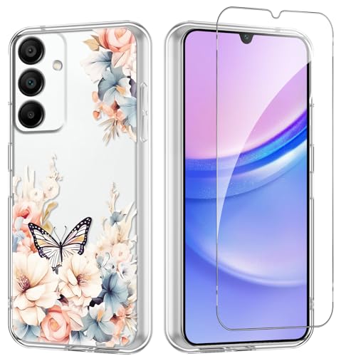 Flower Phone Case Floral for Samsung Galaxy A15 5G 6,5'' with Screen Protector, Clear Transparent Phone Cover Slim Soft Shockproof Anti-Scratch Drop Protection Funda for Girls Women, 01 - color: Flower 01, size: Samsung Galaxy A15 5G