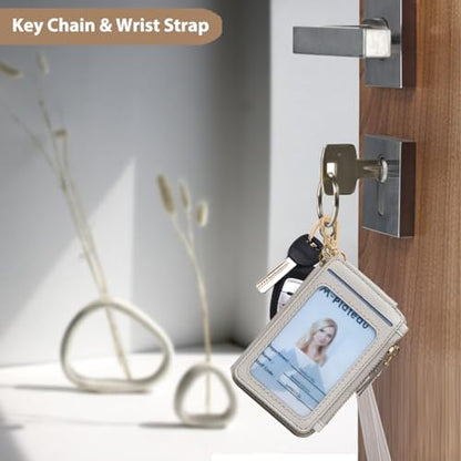 M-Plateau RFID Blocking Keychain Wallet With Leather Wrist Strap | Keychain Wristlet, Womens Card Holder with Zipper Coin Pocket and ID Window - color: Beige