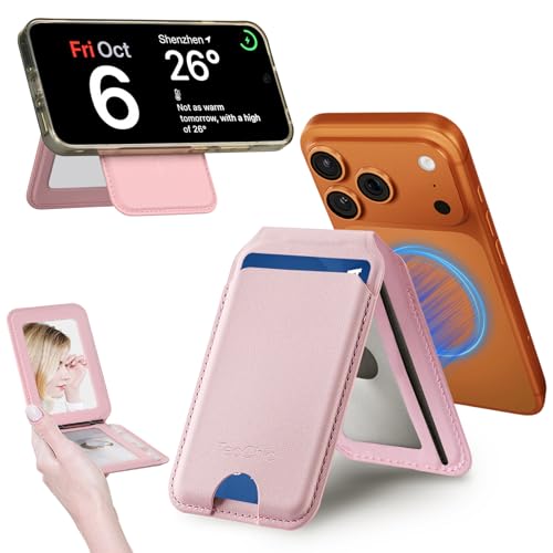 Magnetic Phone Wallet Stand for iPhone,4-Card Holder with RFID Blocking,6X Stronger Magnet,0.28in Slim Vegan Leather,Built-in Mirror &180° Stand for iPhone 17/16/15/14/13/12 Series(Pink) - color: Pink