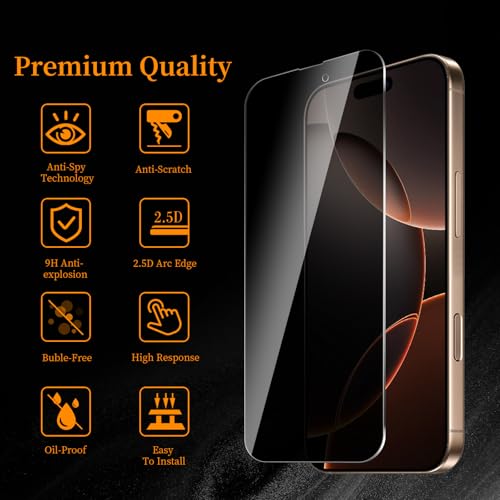 2 Pack Privacy Screen Protector for iPhone 17/17 Pro/16 Pro，Anti-Spy Tempered Glass Film, Anti-Scratch, 9H Hardness，Compatible phone cases，High definition