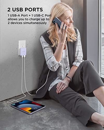 iHome 2-Port 20W Dual Port USB-C and USB-A Wall Charger, Travel Adapter - color: Lavender