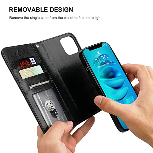 Bocasal Detachable Wallet Case Card Holder for iPhone 14, Black | RFID Blocking Kickstand Card Slots Holder PU Leather Magnetic Shockproof Wrist Strap Removable Flip Protective Cover 6.1 inch - color: Black
