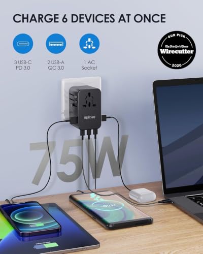 EPICKA 75W GaN PD Universal Travel Adapter, 3USB-C/2USB-A - style: 75W-5USB(3 USB-C) Black
