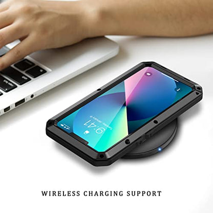 Lanhiem for iPhone 13 Metal Case, Heavy Duty Shockproof Tough Rugged Case with Built-in Glass Screen Protector, 360 Full Body Protective Cover for iPhone 13 6.1 inch, Black - color: Black