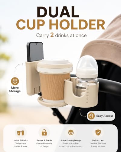 3-in-1 Stroller Cup Holder with Phone Holder, Dual Cup Holder with Upgraded Double Clamp, Universal Cup Holder for Stroller, Walker, Wheelchair & Bike, Anti-Spill Stable Drink Organizer (Khaki)