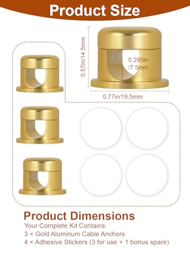 Wider Base Strong Adhesive Desk Cord Holder 3 Pack, Aluminum Gold