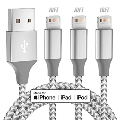 iPhone Charger 3 Pack 10FT MFi Lightning Cable (Grey White)