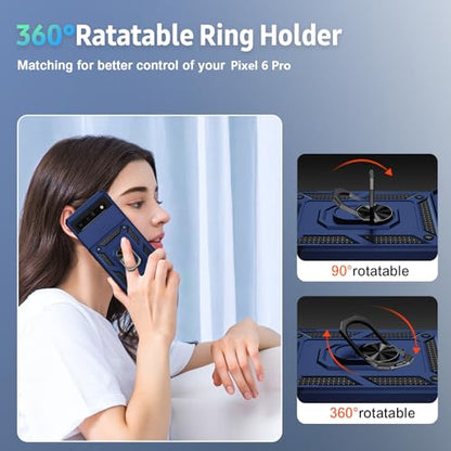 Vinve for Google Pixel 6 Pro Case with Slide Lens Cover, Military Grade Drop Protection, Magnetic Rotated Ring Holder Kickstand Protective Phone Case (Navy Blue) - color: Navy Blue ,Military Grade 2nd gen.