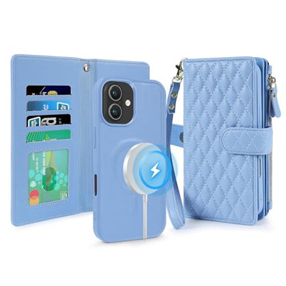 for iPhone 15/14/13 Case Wallet,Compatible with MagSafe 2 in 1 Magnetic Detachable PU Leather RFID Blocking Wallet Cover Card Holder Zipper Wrist Strap Lanyard,Quilted Blue - color: Quilted Blue, size: iPhone 15/14/13