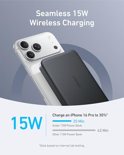 Anker MagGo Power Bank, 10,000mAh Qi2-Certified 15W Portable Charger | Slim and Fast MagSafe-Compatible Battery Pack, Ergonomic Design, for iPhone 16 / 15 / 14 / 13 Series and More - color: Black